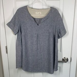 Yitai 100% hemp casual blouse blue and tan size large